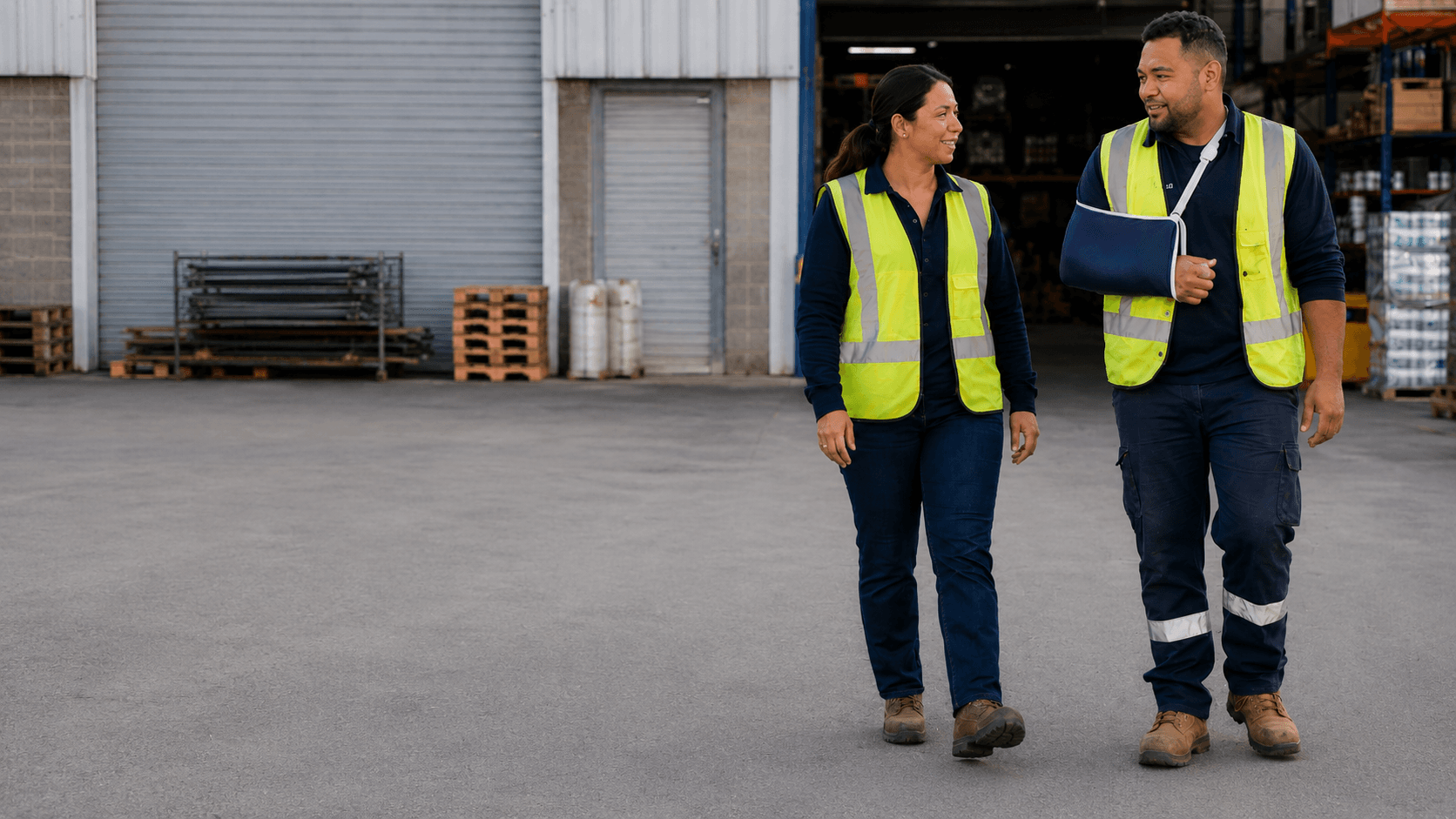 A worker with his arm in a sling walks and talks with a colleague across a warehouse yard, both wearing hi-vis vests, with roller doors and stacked pallets behind them.