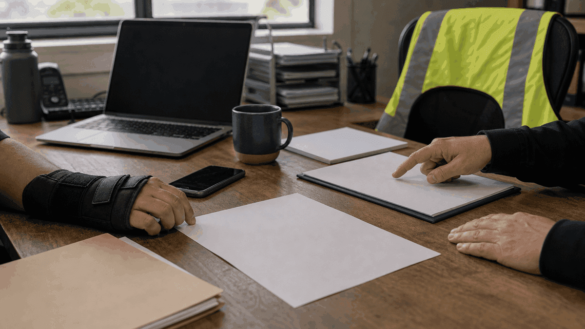 Two people go through claim paperwork across a desk, one wearing a wrist brace, with a laptop, phone and document folder to hand.