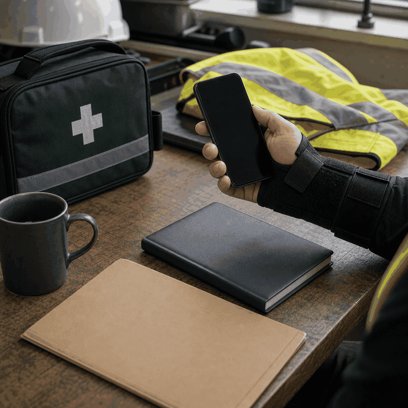A person wearing a wrist brace picks up a phone to report an injury, beside a first aid kit and hi-vis vest on a desk.