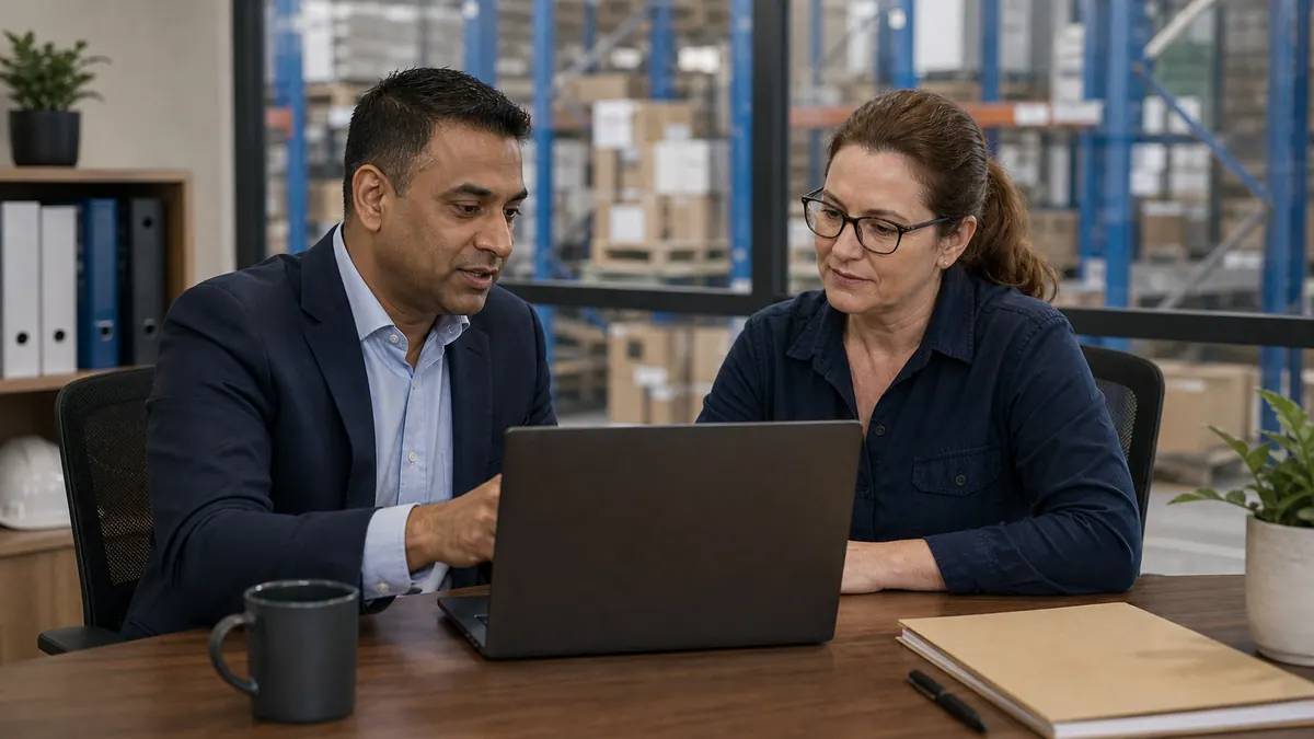 A broker and an injury management consultant review a claim on a laptop together at a desk, a warehouse visible through the glass behind.
