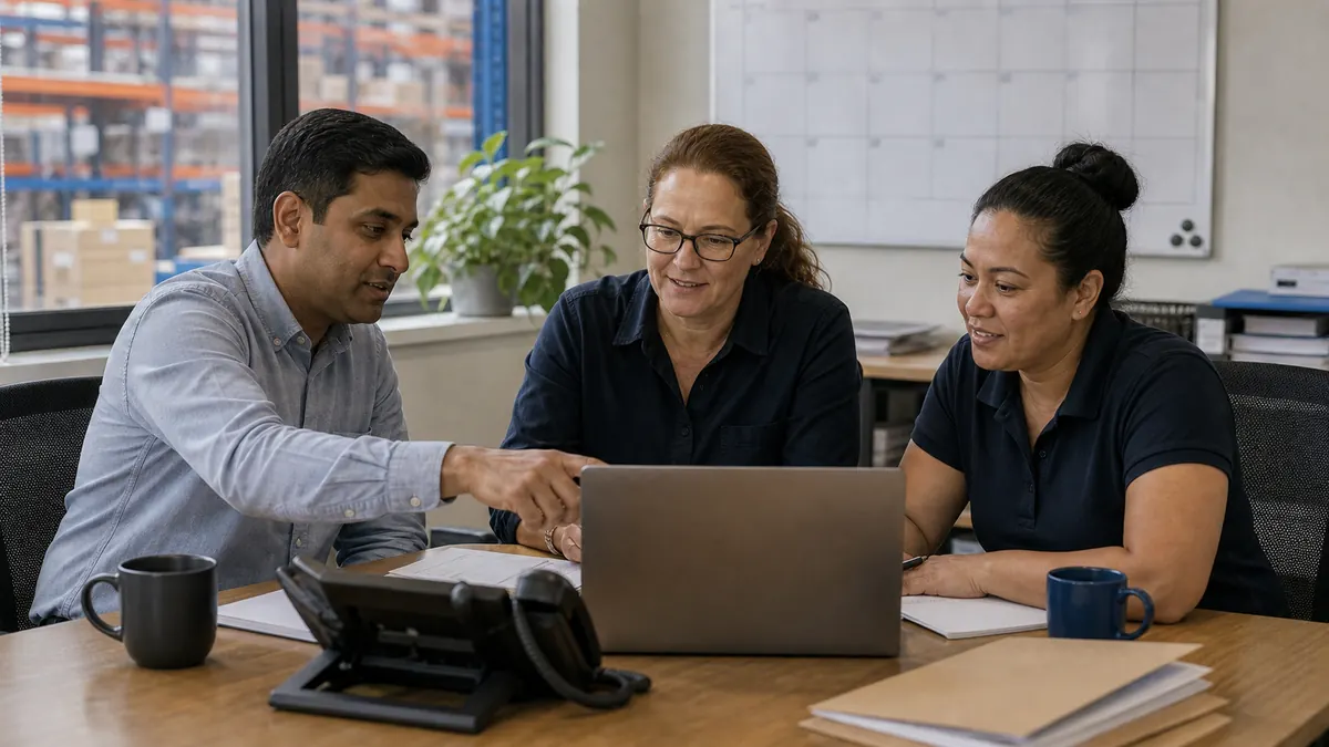 Three advisers look at a laptop together at an office desk, one pointing at the screen, a wall planner behind them.