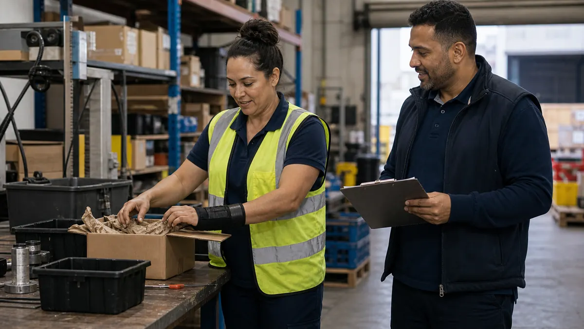 A worker in a hi-vis vest and wrist brace does light packing duties at a bench while a supervisor with a clipboard checks in.